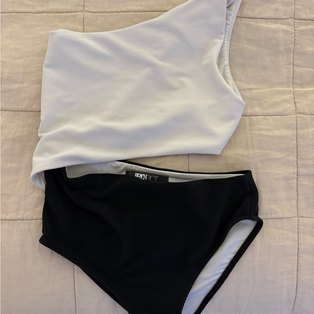 Beach Riot White Swim Top with Black Ribbed Trim